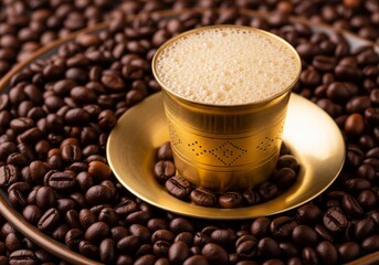 Traditional South Indian Filter Coffee Served in Brass Tumbler Surrounded by Roasted Beans.