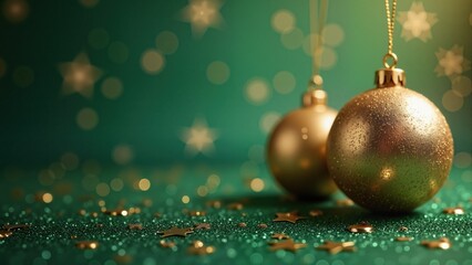 Fototapeta premium golden christmas ball decoration on green glitter background 
