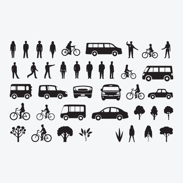 Architectural Scale Figures Vector Set: People, Cars, Bicycles, and Trees Silhouettes and Outlines