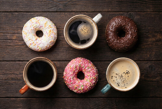 Flat lay composition of assorted colorful donuts and coffee cups on a dark rustic wooden table. Top view concept for breakfast or sweet coffee break