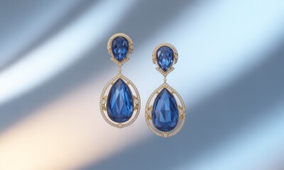 Elegant teardrop earrings with large blue gems, gold setting, on a soft gradient background