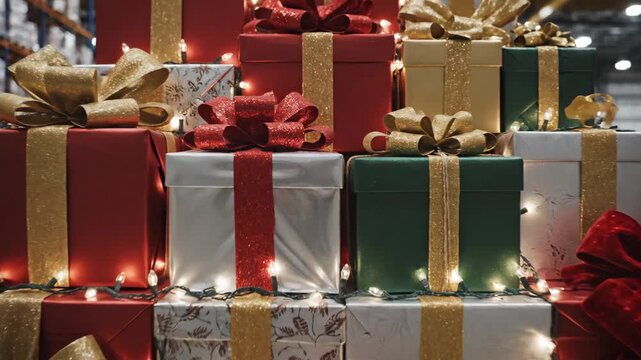 Christmas Gift Pyramid in Warehouse - A festive pyramid of colorful gift boxes adorned with golden and red bows is illuminated by string lights.