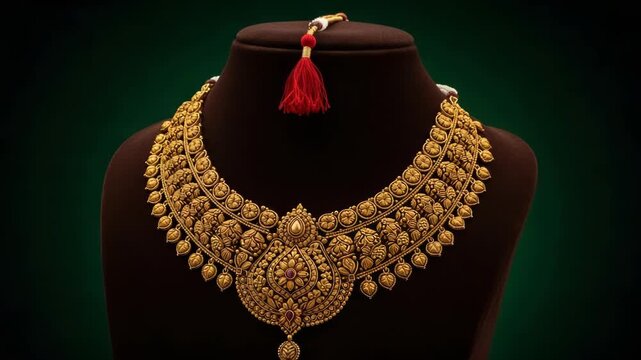 Elegant gold necklace with intricate floral design on a mannequin display