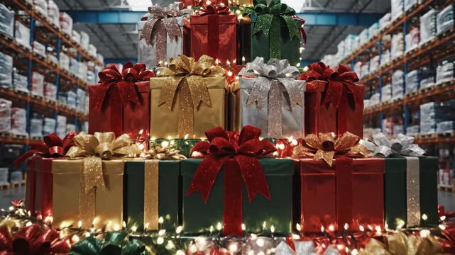 Christmas Gift Pyramid in Warehouse - A creatively stacked pyramid of gift boxes is the centerpiece in a warehouse setting.
