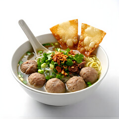 portrait of bakso in a bowl on a white background, sharp food focus, no noise.