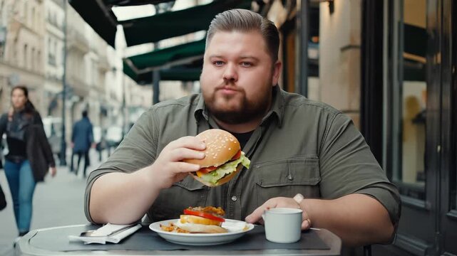 Overweight Man Enjoying a Burger at an Outdoor Cafe in Paris, France, with City Street Background and Casual Dining Experience.