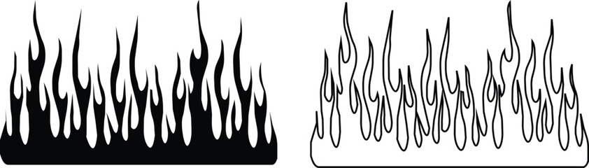 Black flame icon set in flat and line style, fire silhouette collection with tribal blaze shapes and decorative heat graphic group, monochrome burning element pack with synonym illustration