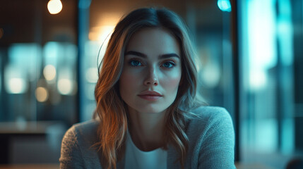 Young woman posing thoughtfully in modern indoor cafe setting