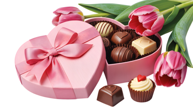 Pink heart shaped chocolate box with tulips isolated on transparent background