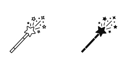 Magic Wand with Sparkles Icon Set - Outline and Solid Vector Illustration