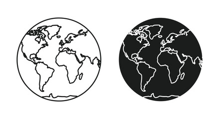 Obraz premium Minimalist World Map Globe Icons Set with Black and White Outlines. Vector Illustration of Earth Continents for Global Geography and Communication.