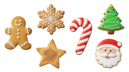 Festive Christmas Cookies Gingerbread Man Snowflake Candy Cane Tree Star Santa isolated on transparent background.