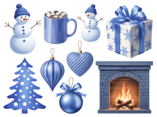 Blue christmas ornaments snowman hot chocolate gift box and fireplace isolated on transparent background