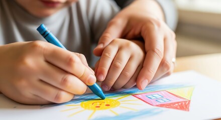 Educator helping little child to draw at table in preschool.