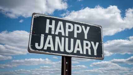 Outdoor Road Sign with White Text Happy January Against a Dramatic Blue Sky Background with Scattered White Clouds for Seasonal Greeting