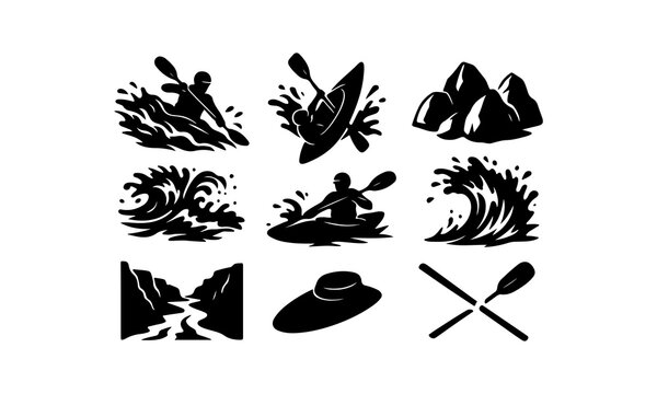 Black and white kayaking and water sports icons set