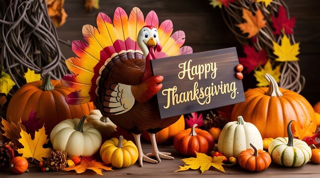 Festive turkey presenting a “Happy Thanksgiving” banner, surrounded by golden leaves and rustic pumpkins, perfect for greeting cards and seasonal decor