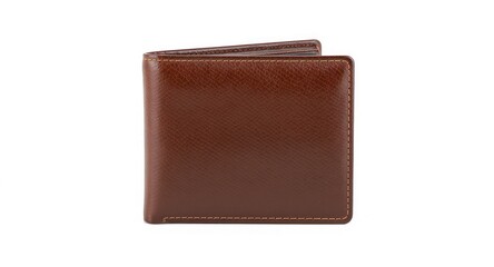 Front view of a closed, brown leather bifold wallet with visible stitching