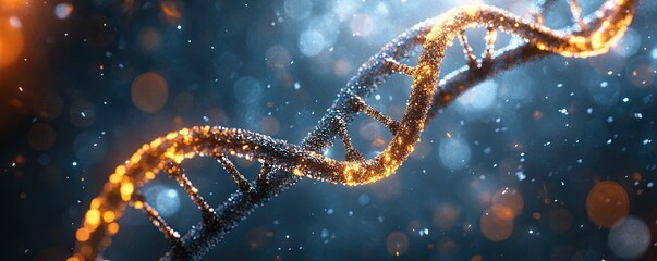 A digital rendering of an isolated double helix DNA strand, glowing with golden light against a blue background