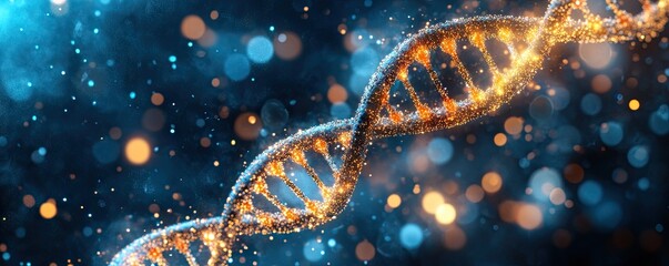 A digital rendering of an isolated double helix DNA strand, glowing with golden light against a blue background