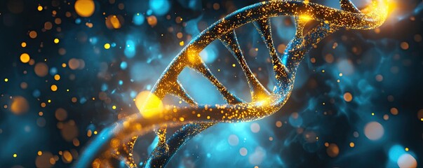 A close-up, abstract digital illustration of a glowing DNA helix strand, rendered in warm orange and gold tones against a dark blue, starry background