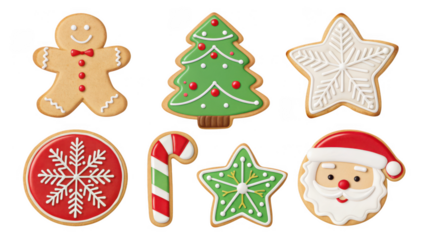 Festive Christmas Cookies Gingerbread Man Tree Star and Santa isolated on transparent background.