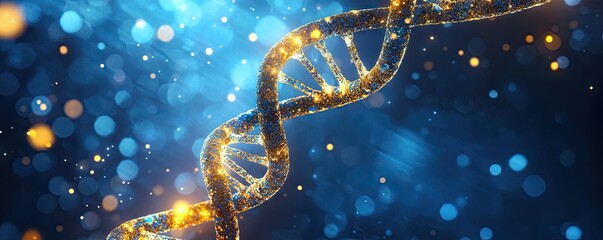 A close-up, abstract digital illustration of a glowing DNA helix strand, rendered in warm orange and gold tones against a dark blue, starry background