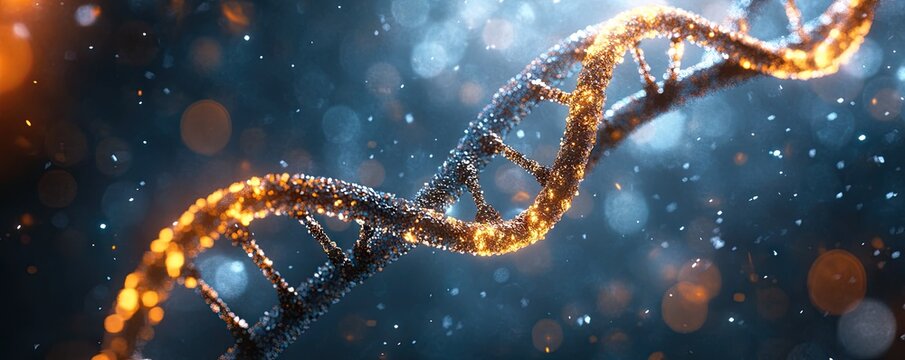 A digital rendering of an isolated double helix DNA strand, glowing with golden light against a blue background  - Powered by Adobe