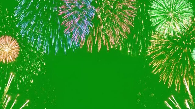 Colorful Fireworks Exploding on Green Screen - Brightly colored fireworks burst against a green screen background, creating a festive and vibrant display.