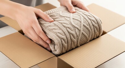 Mains rangeant des v&ecirc;tements pli&eacute;s dans une bo&icirc;te en carton pour le don