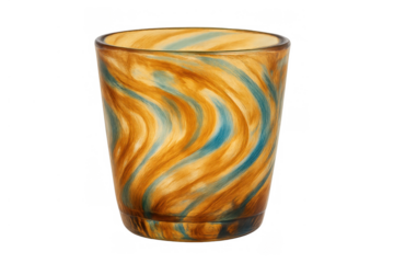 Glass tumbler displaying a vibrant brown and blue marbled swirl pattern, creating an artistic and decorative surface, transparent background