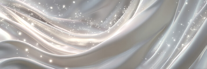 Abstract background of flowing white satin or silk fabric with delicate sparkling particles creating a soft luxurious texture.