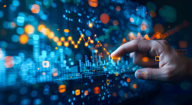 Human hand analyzing business financial data on digital display - Powered by Adobe