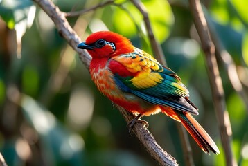 Gilt tanager bird perched on branch in natural habitat with greenery