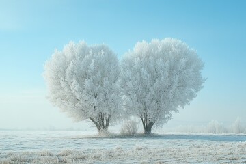 A heart-shaped formation of trees covered in frost against the blue sky, symbolizing love and winter beauty