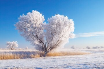 A heart-shaped formation of trees covered in frost against the blue sky, symbolizing love and winter beauty