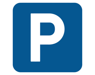 A blue sign with rounded corners displaying a white letter p for parking indication