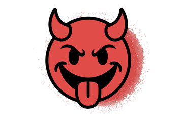 Illustration of a red devil emoji with horns, a mischievous expression, and tongue out