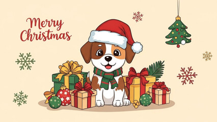Cute puppy wearing santa hat surrounded by christmas gifts and decorations