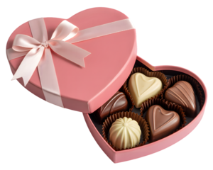 Pink heart shaped chocolate box with assorted chocolates isolated on transparent background