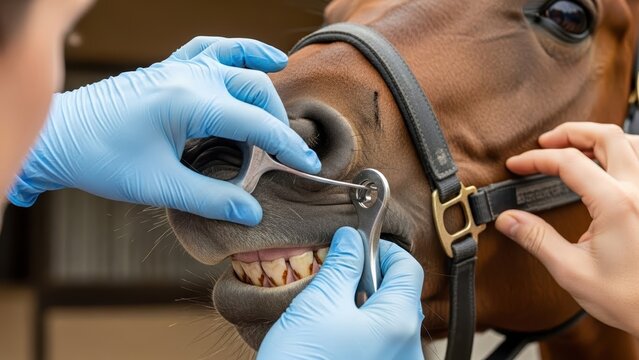 veterinarian examining horse teeth and health in stable