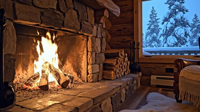 Cozy Winter Evening by the Fireplace in a Rustic Cabin - A warm fire crackles in a stone fireplace inside a rustic cabin, with a stack of logs neatly arranged nearby.