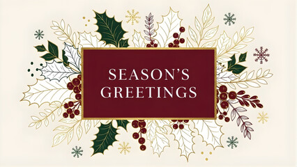 Season's Greetings Card: A beautifully designed greeting card in festive red and gold. It's adorned with seasonal foliage, perfect for sharing holiday cheer and warm wishes.