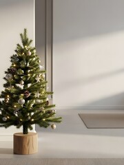 Fototapeta premium Small decorated christmas tree with warm lights on a wooden base