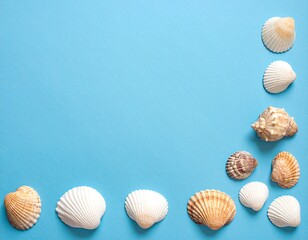 Pastel blue background with collection of seashells for summer coastal theme