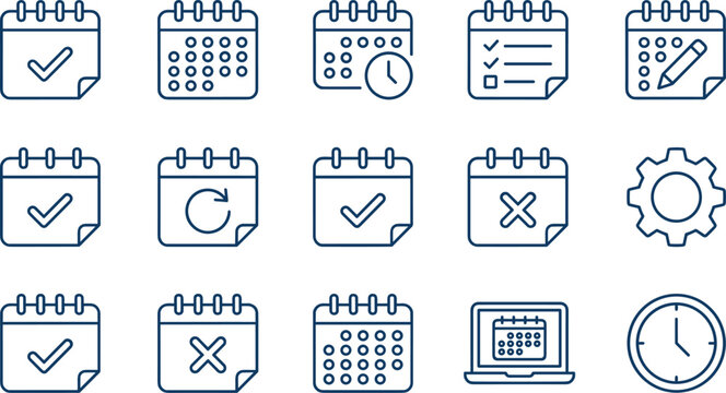 Calendar and schedule line icons set, time management symbols, appointment planning, date check, vector interface elements