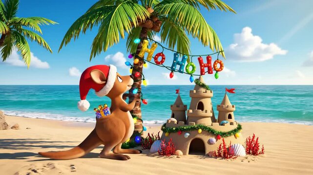 Christmas Kangaroo on Tropical Beach - A cute cartoon kangaroo wearing a Santa hat decorates a palm tree with Christmas lights and "HO HO HO" banner.