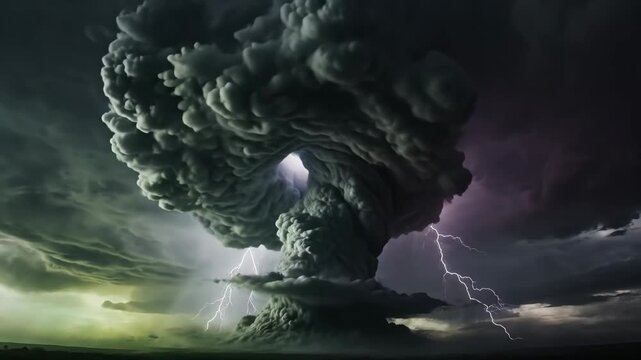 Dramatic Storm Clouds and Lightning - This video shows a large and dramatic storm cloud formation, possibly a hurricane or supercell, with multiple lightning strikes illuminating the sky.