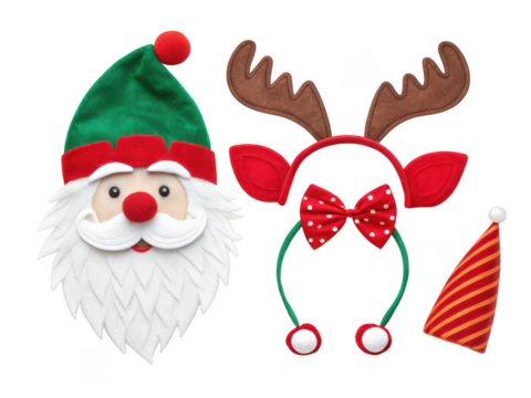Festive Christmas Headwear and Santa Decoration Set  isolated on transparent background	
