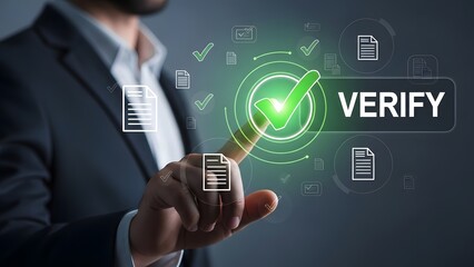 Businessman interacting with a holographic interface displaying the word verify and checkmark